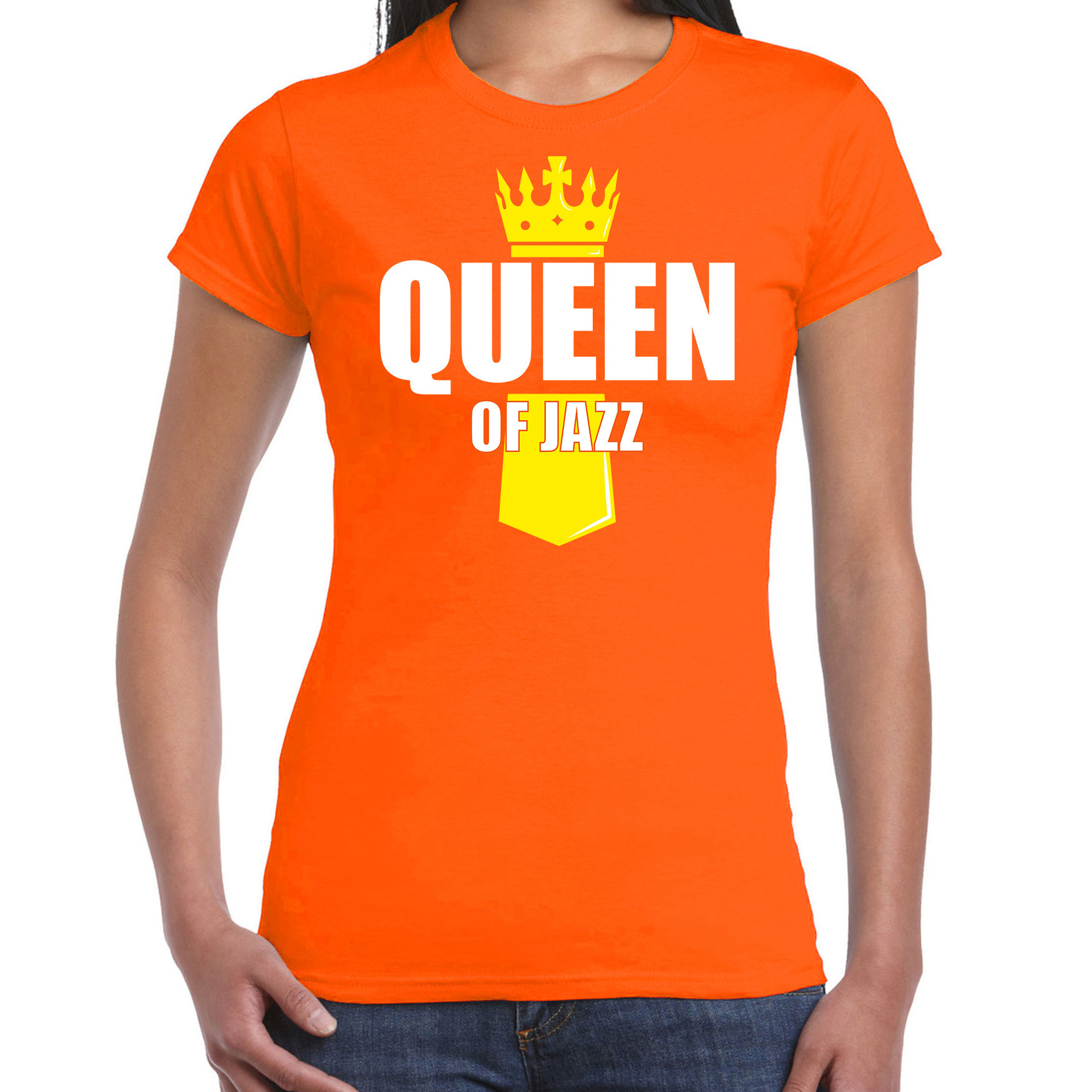 Oranje Queen of jazz muziek shirt met kroontje - Koningsdag t-shirt voor dames Top Merken Winkel